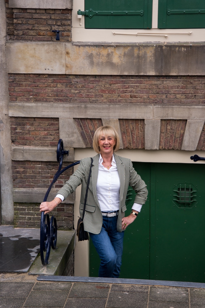 Green houndstooth blazer with boyfriend jeans