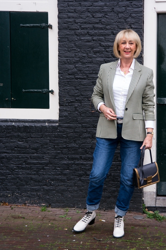 Green houndstooth blazer with boyfriend jeans
