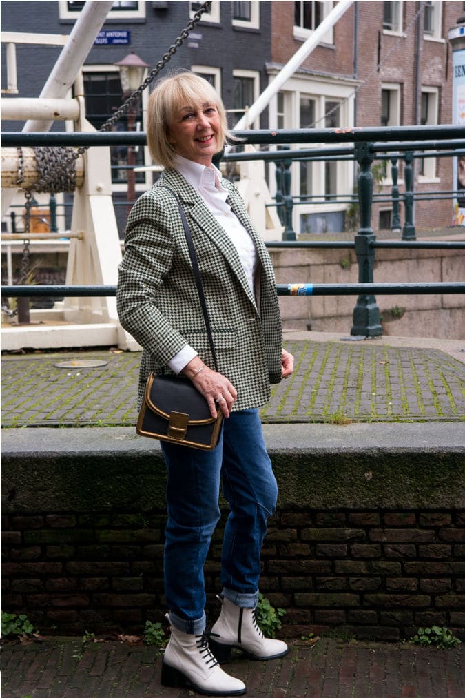 Green houndstooth blazer with boyfriend jeans