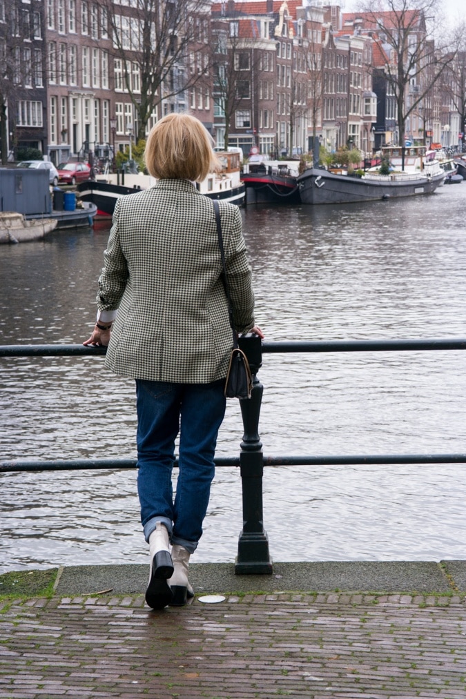 Green houndstooth blazer with boyfriend jeans
