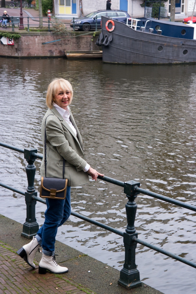 Green houndstooth blazer with boyfriend jeans