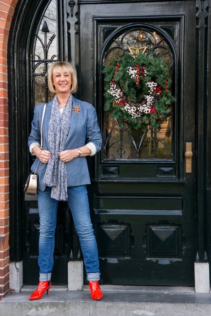 Denim jacket, orange ankle boots and an orange coat