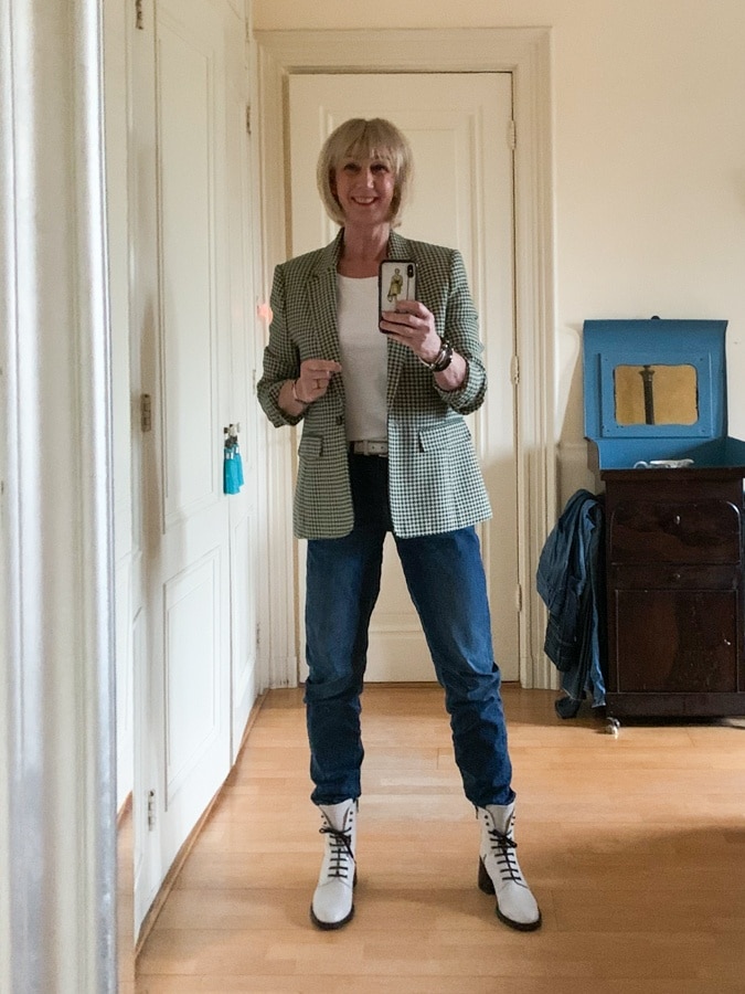 Houndstooth jacket on jeans