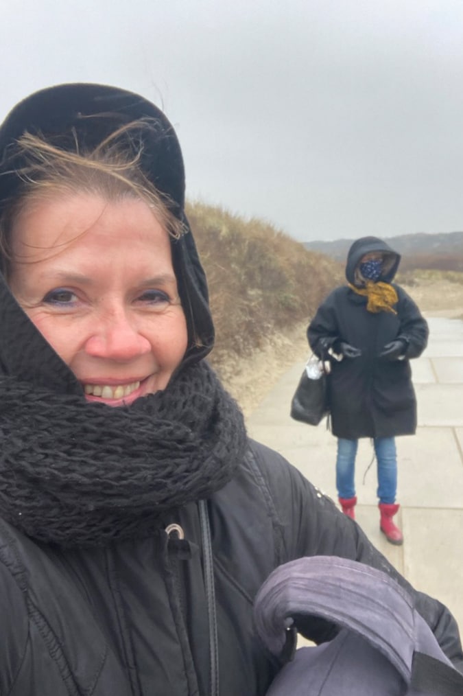 Kitty and me on the beach in winter