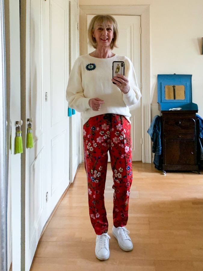 Red floral trousers
