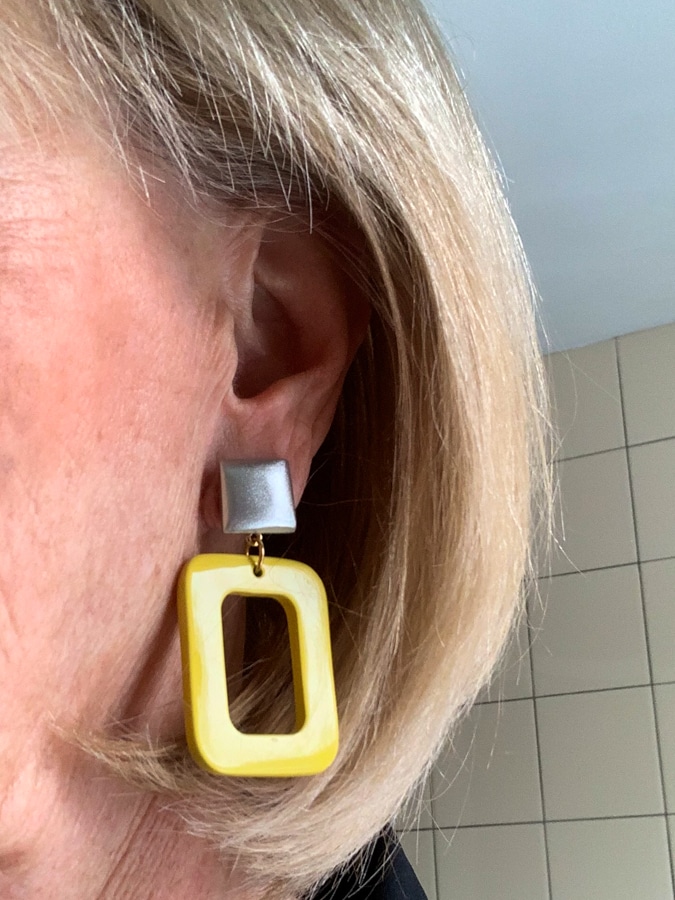 Yellow earrings with silver button by LaraDesign.nl