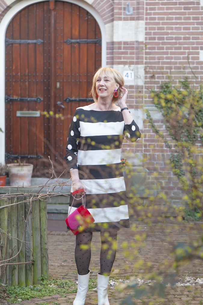 black and white dress with stripes and polka dots