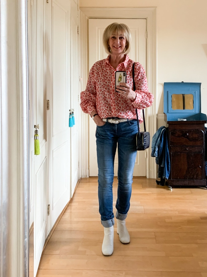 jeans with red and cream shirt