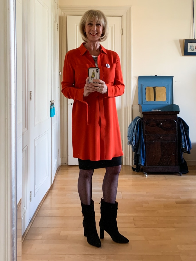 Red Sportmax dress with pin by Citizen Rosebud