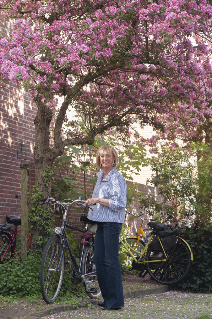 Striped jacket on flared jeans