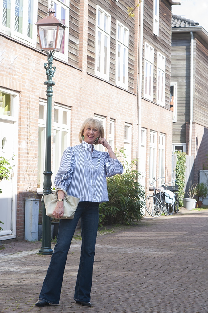 Striped jacket on flared jeans