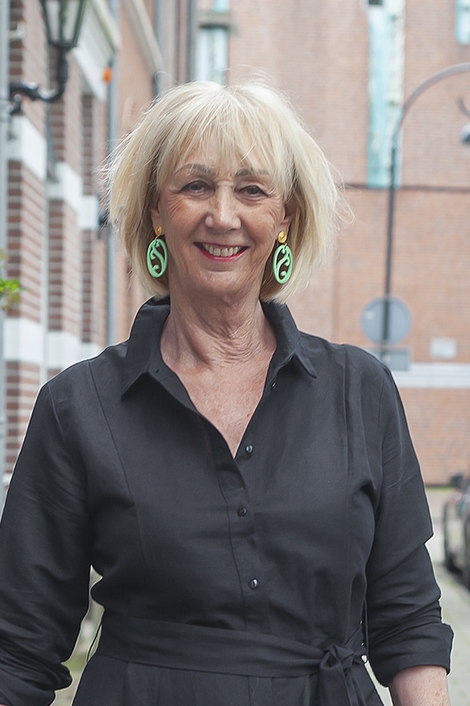 Black linen dress with earrings by Lara Design