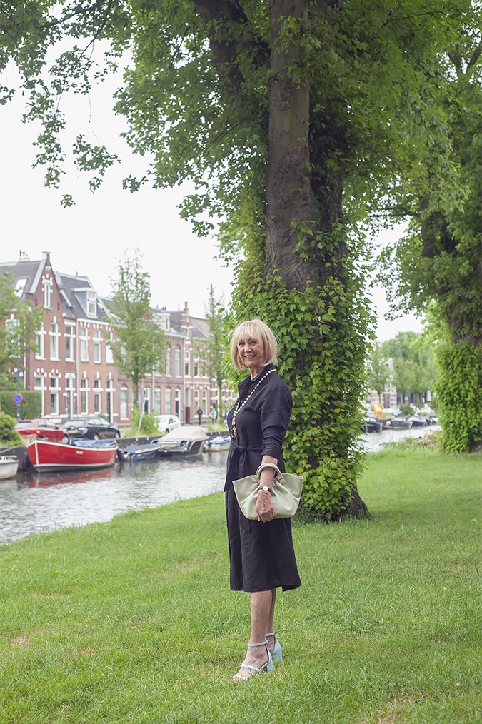 Black linen dress with Max Mara pearl necklace