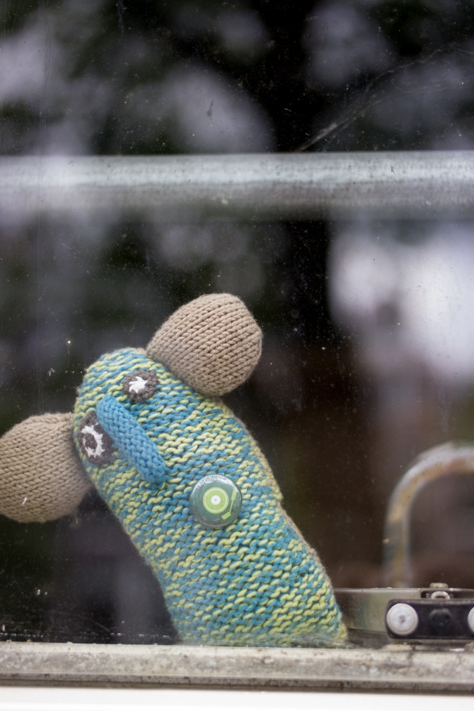 knitted mouse in the window