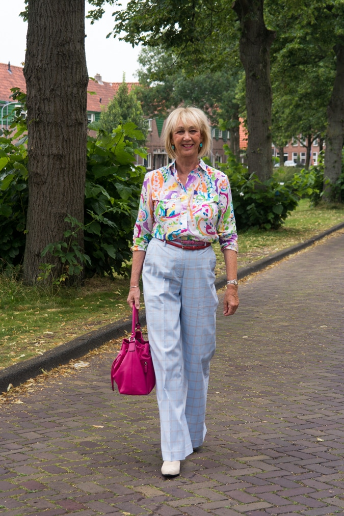 Wide blue trousers with cream perforated suede EIJK boots