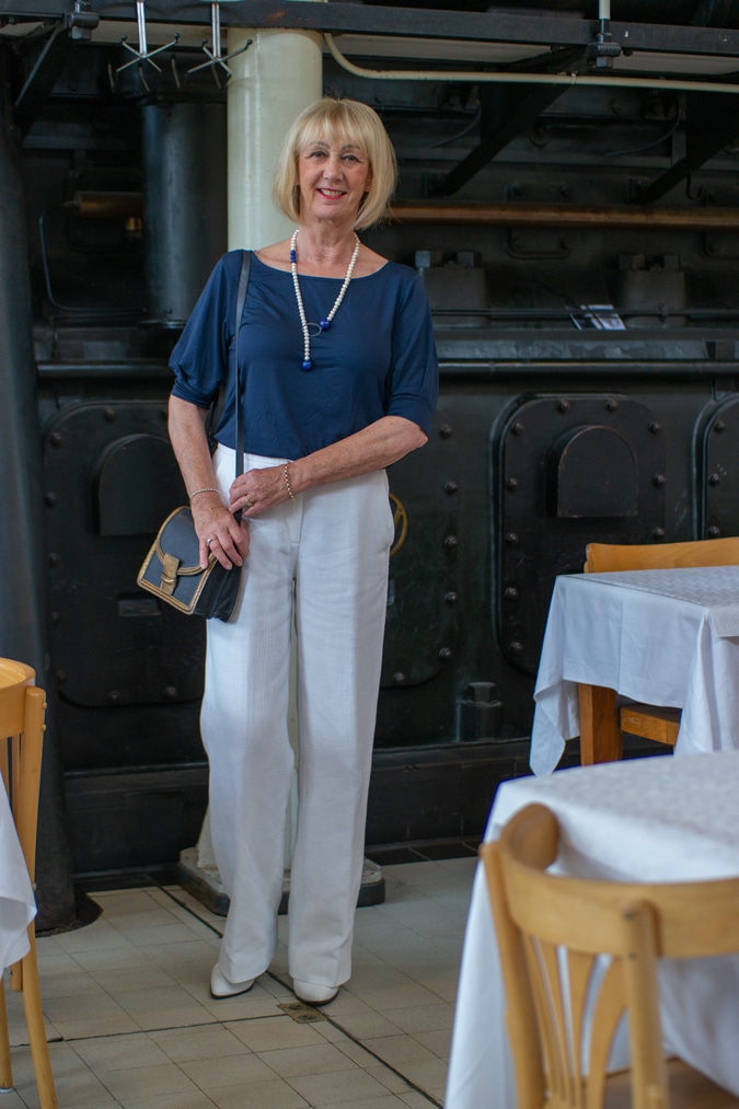 wide white trousers with blue top