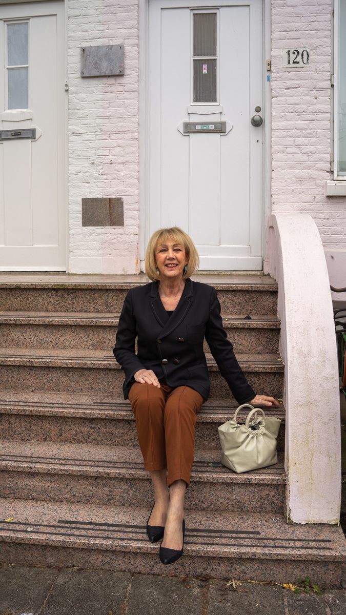 Cognac coloured trousers with a black blazer