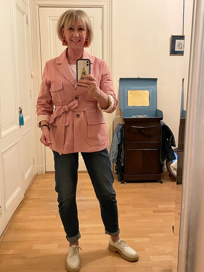 Red and white striped jacket