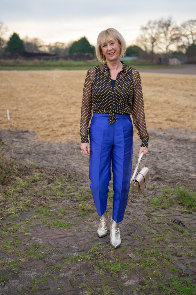 purple blue trousers
