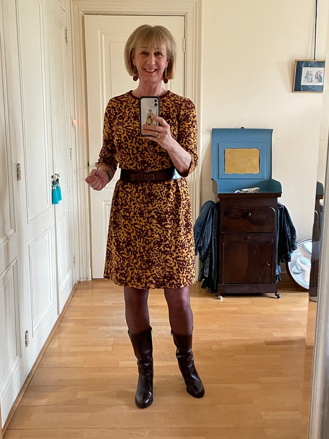 ochre and burgundy dress