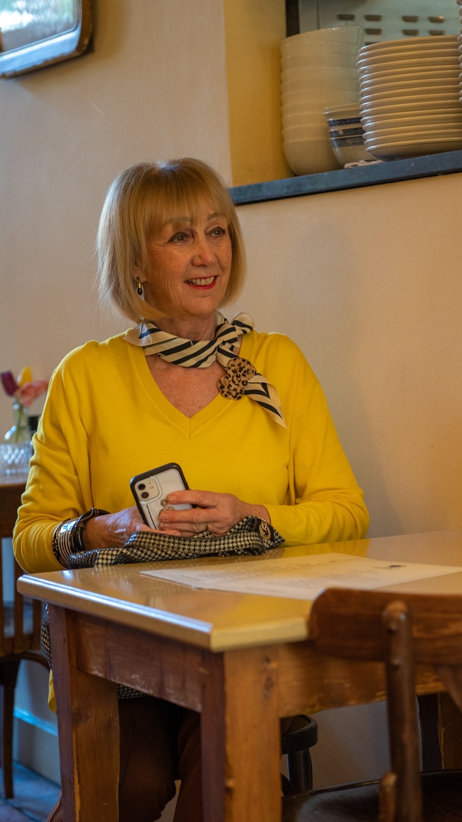 Cognac coloured trousers with yellow Kenzo jumper