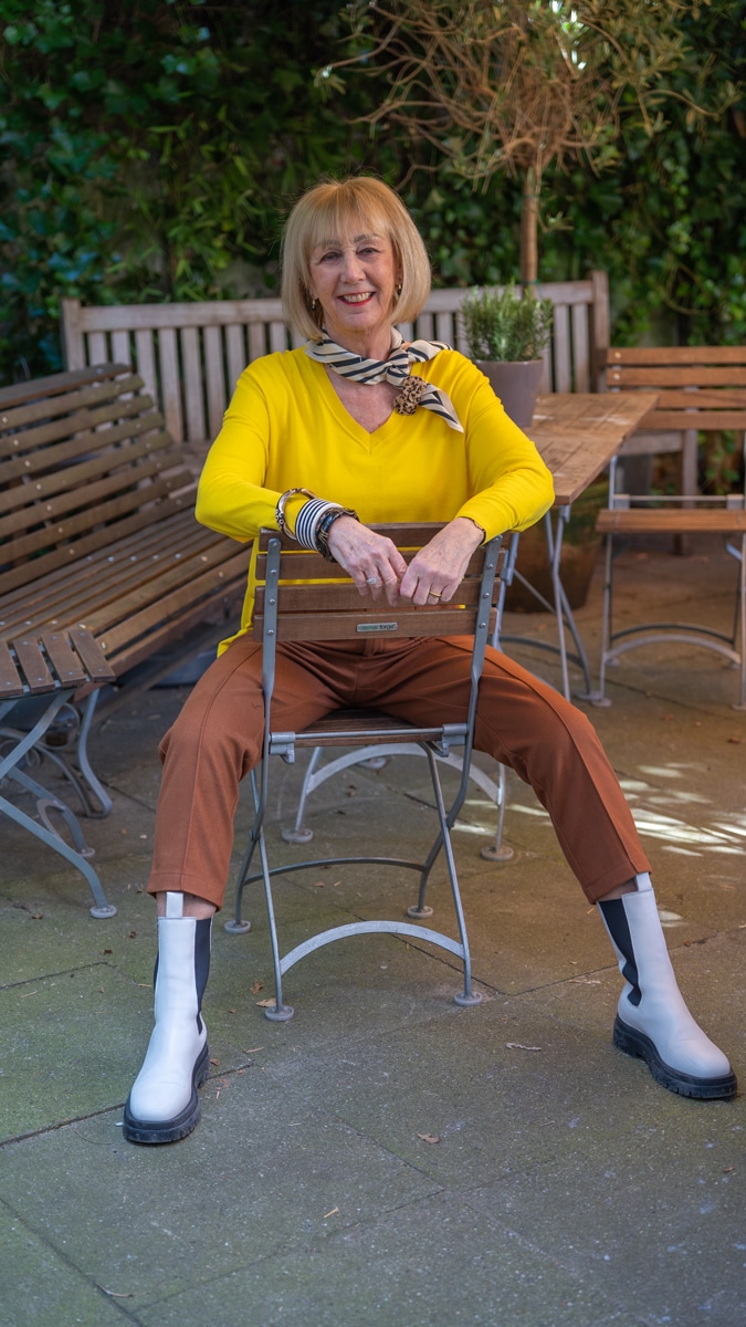 Cognac coloured trousers with yellow Kenzo jumper