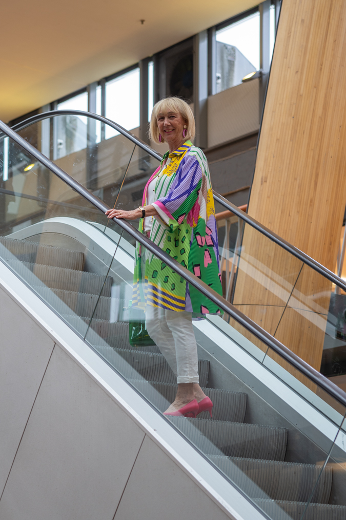 Colourful dress worn as a jacket