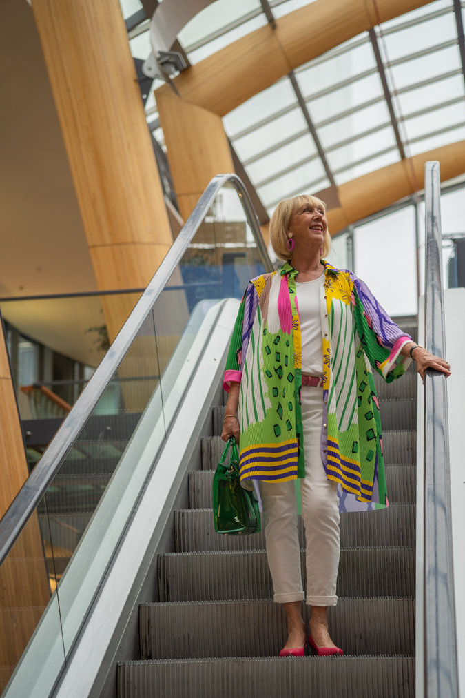 Colourful dress worn as a jacket
