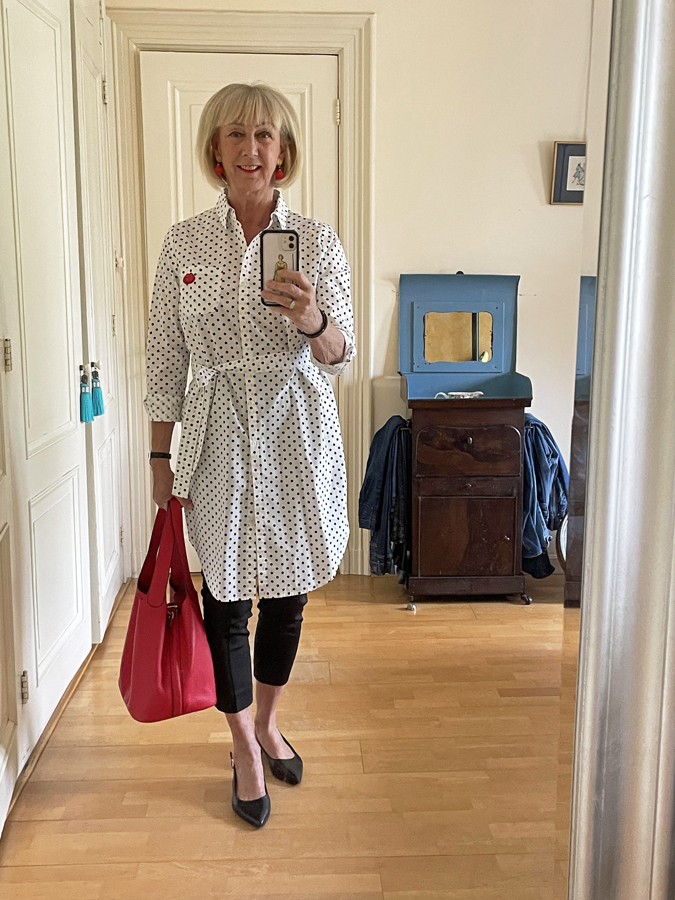 Polka dot dress with trousers