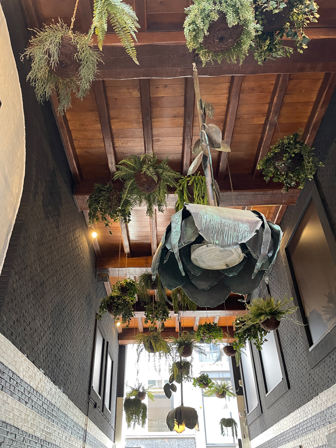 lamps and plants hanging from an alley ceiling