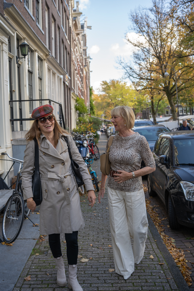Wide cream trousers and Anke