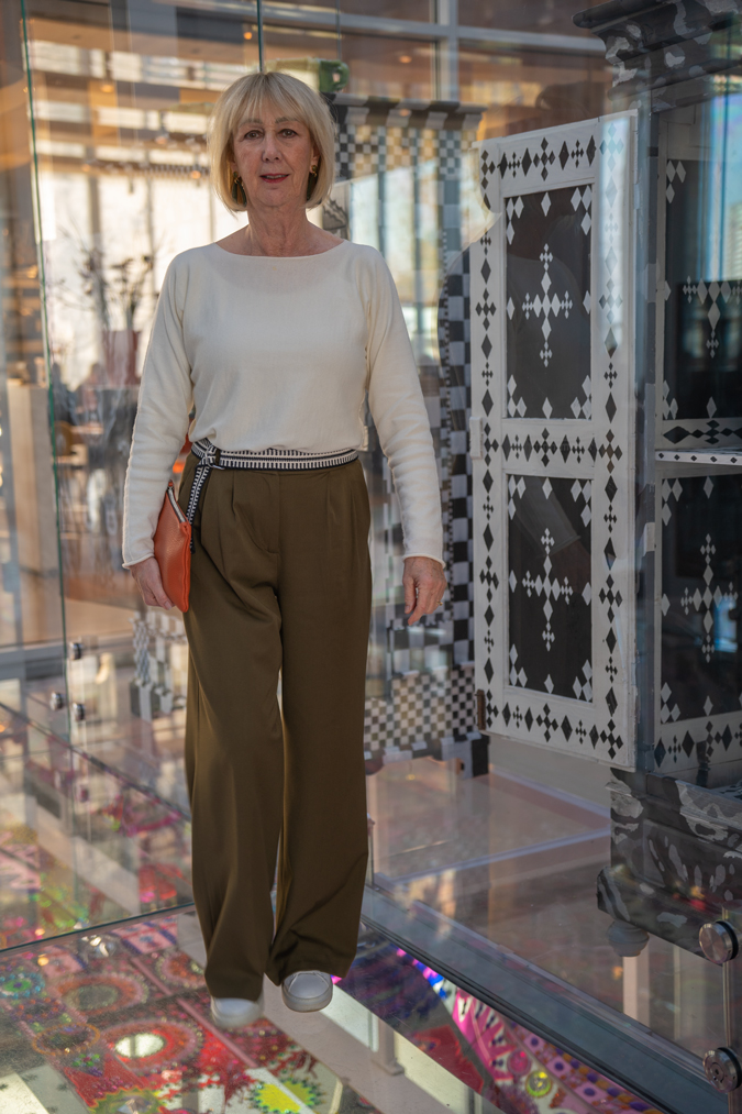 Olive coloured wide trousers