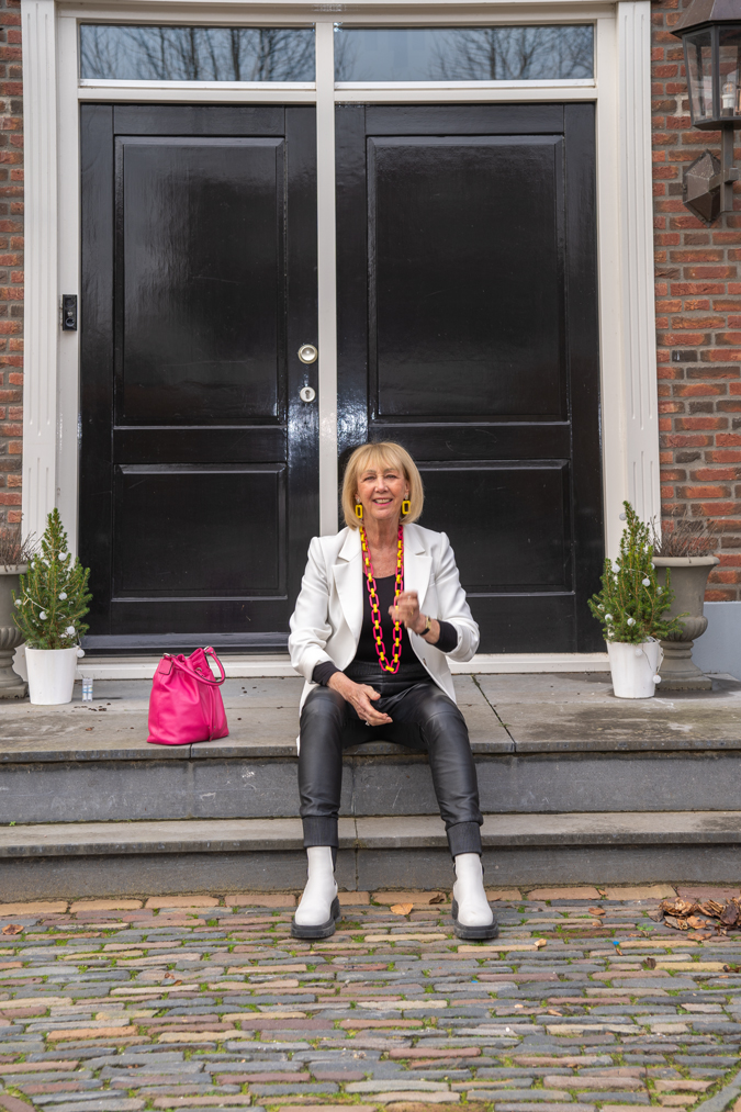 Leather trousers with white blazer