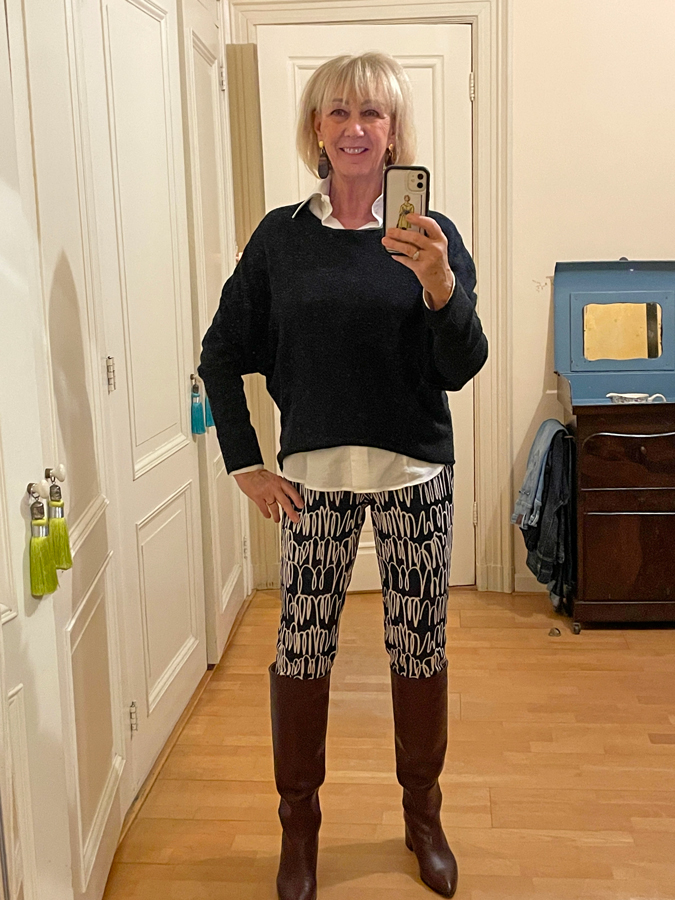 My own styling example of the patterned trousers and burgundy boots