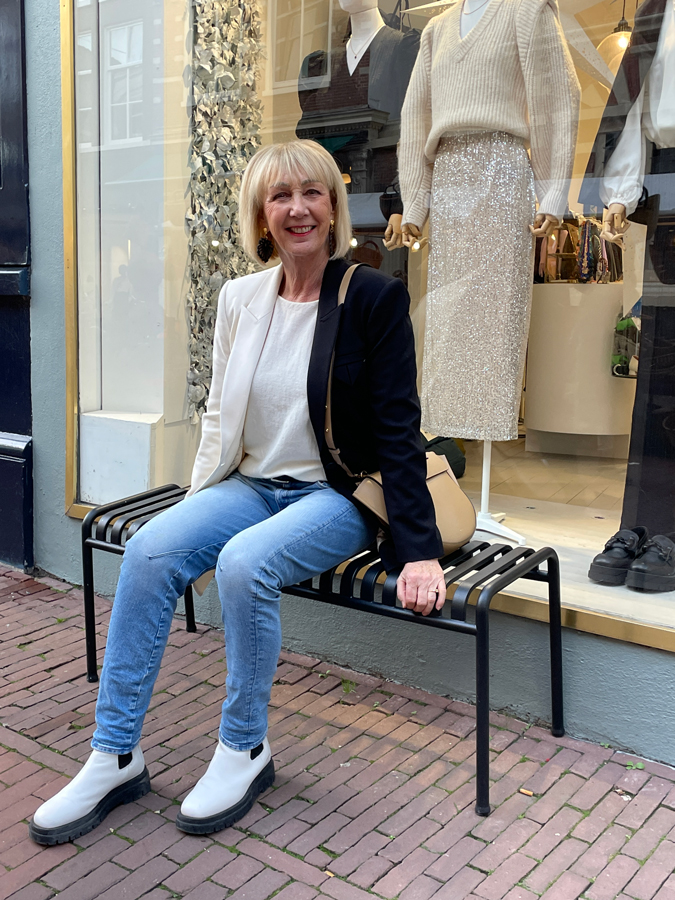 Black and white blazer with jeans