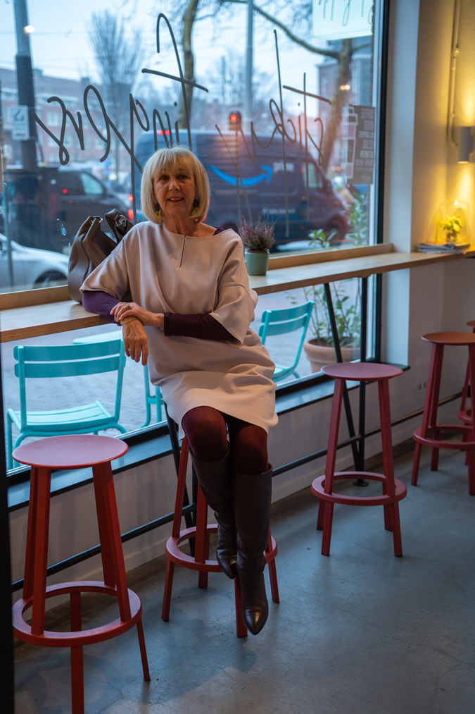 Lilac dress with burgundy boots