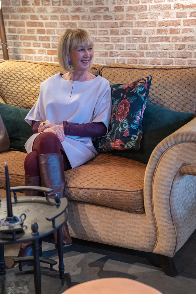 Lilac dress with burgundy boots