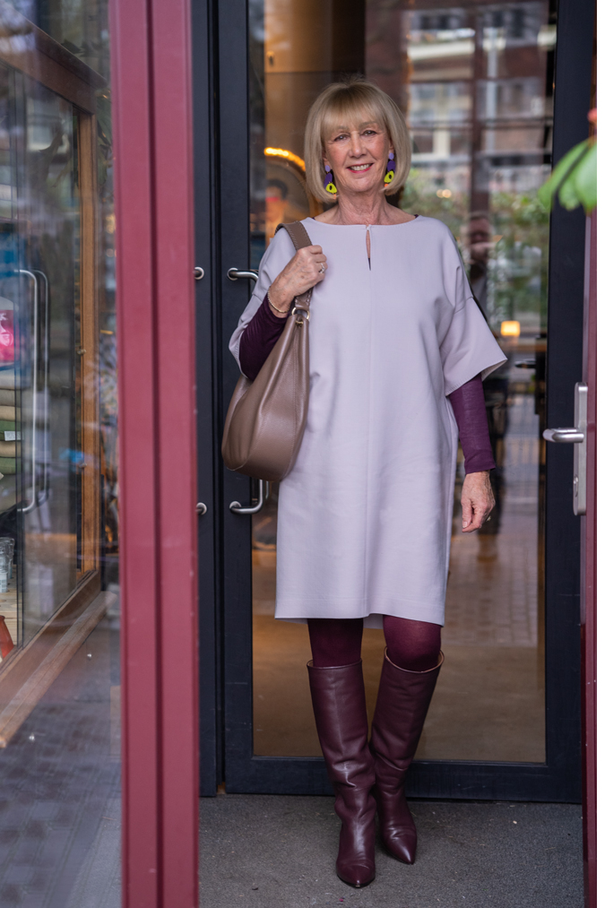 Lilac dress with burgundy boots