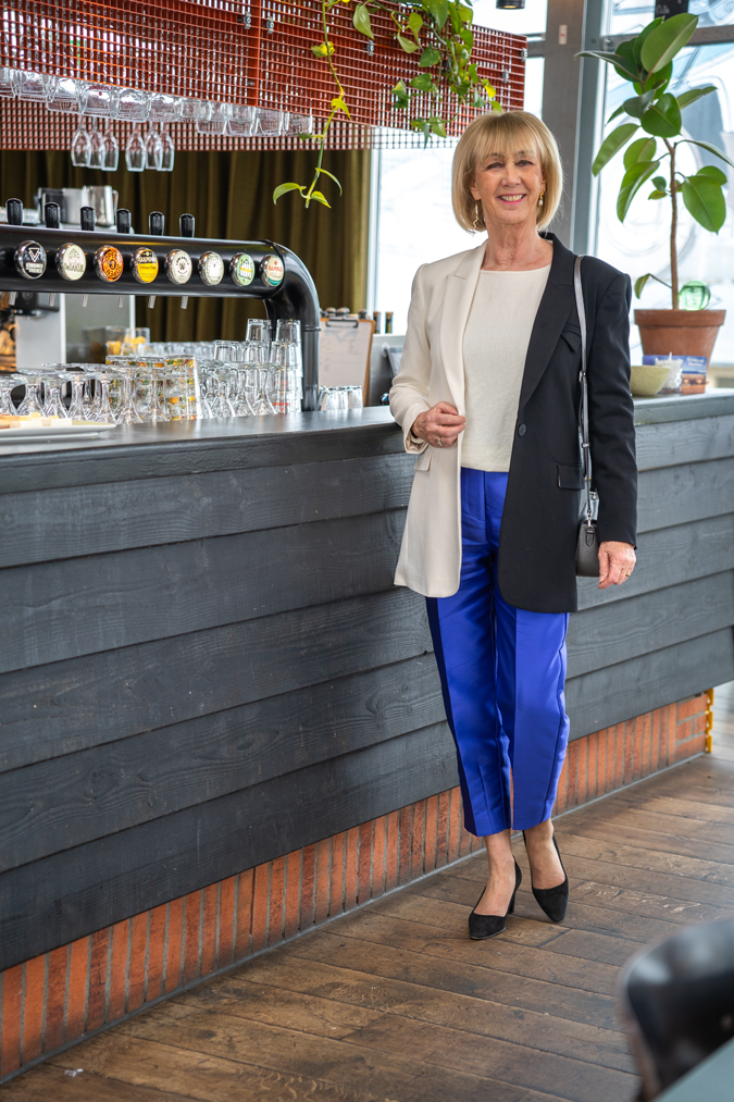 Purple blue cropped trousers with black and white blazer