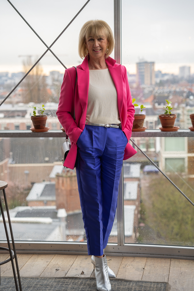 Purple blue cropped trousers with 2 blazers