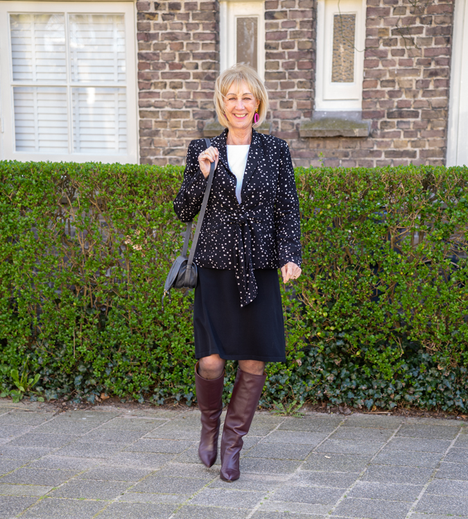 Black and white blazer with a black skirt