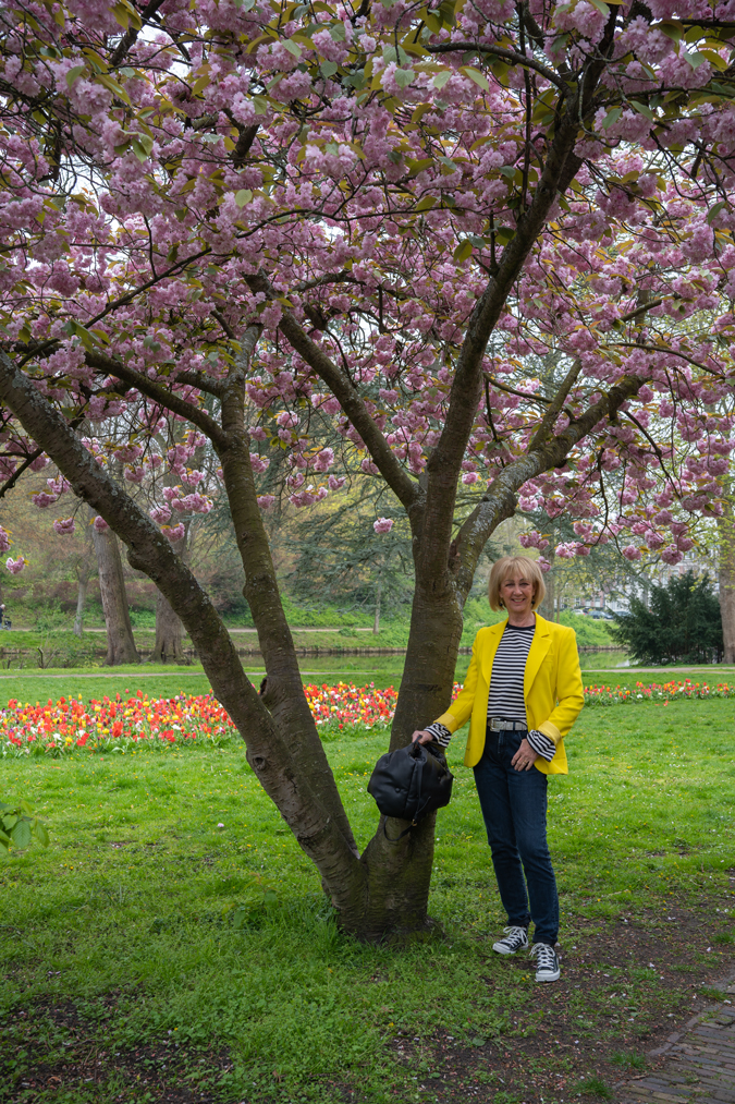 Yellow blazer with striped top