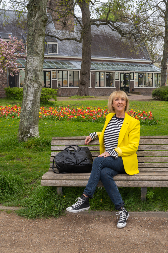 Yellow blazer with striped top