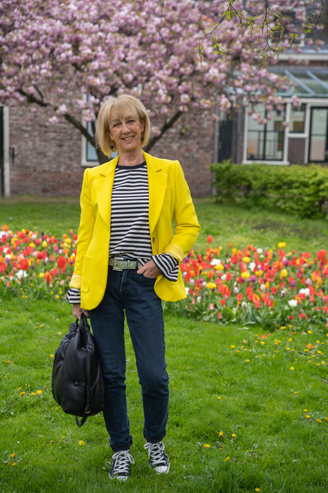 Yellow blazer with striped top
