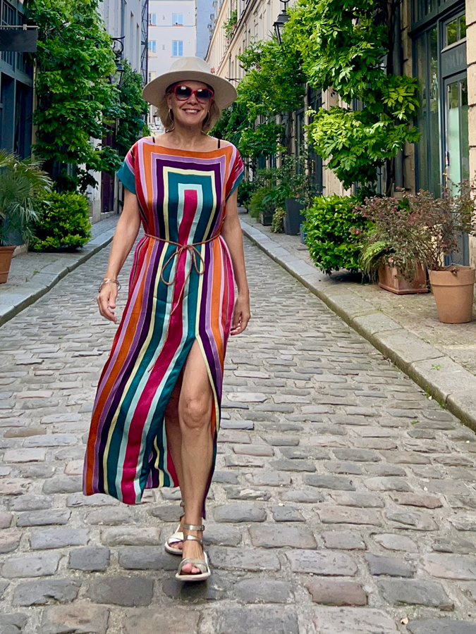 Sylvia with a silk striped dress