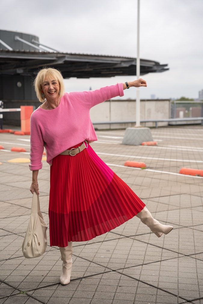 Red and pink skirt outfit