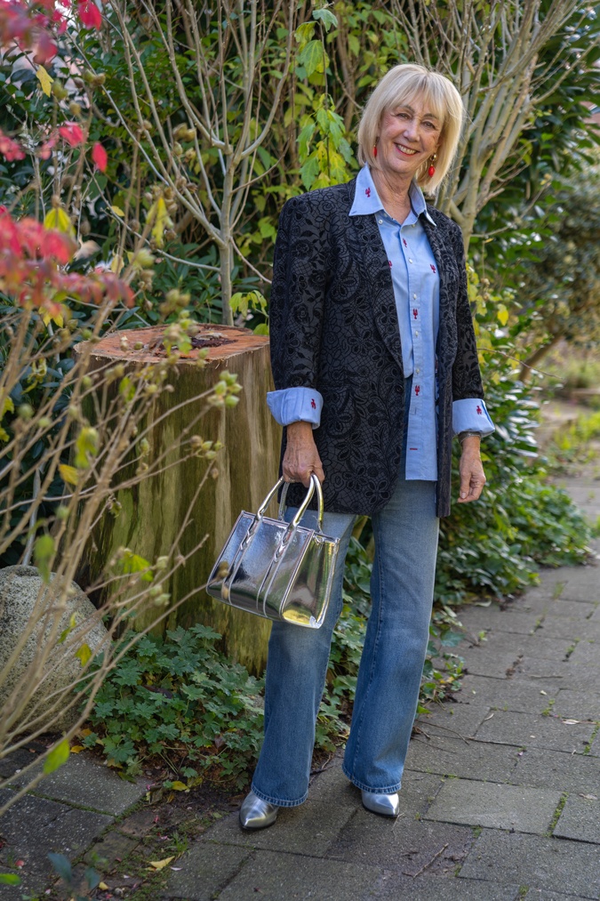 Men's blazer and shirt and wide leg jeans