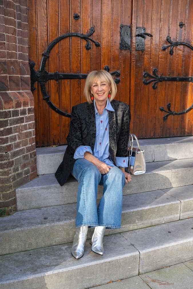 Men's blazer and shirt and wide leg jeans