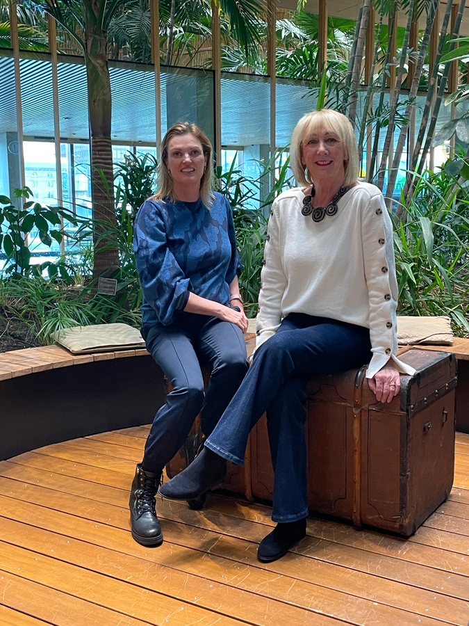 Erna and me in flared jeans with a cream jumper