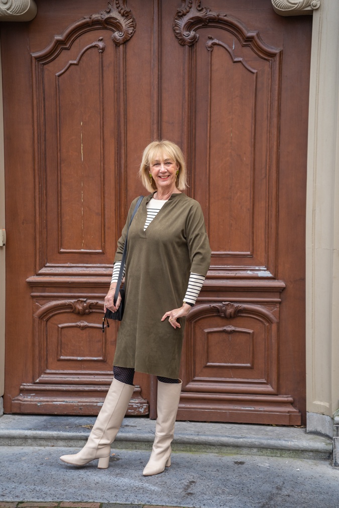 Green dress with cream boots